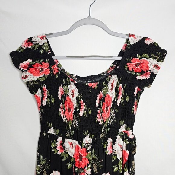 TORRID Challis Maxi Dress BLACK FLORAL PINK size 00 M 10 Hi-Low Off-Shoulder - Picture 7 of 11